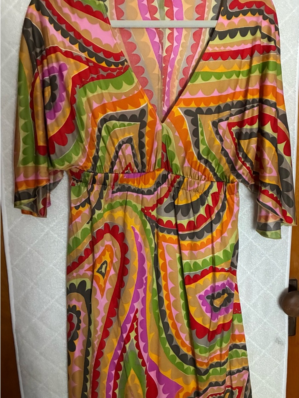 Trina Turk Multicolor V-Neck Midi Silk Dress in Red, Pink, Orange, Green, Yellow